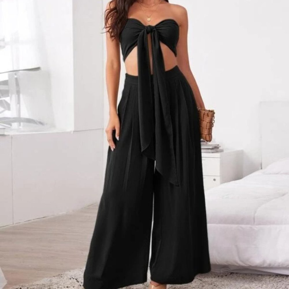 Boho 2 Piece Tie Front Tube Top & Pleated Wide Leg Pants Set black - Picture 2 of 5